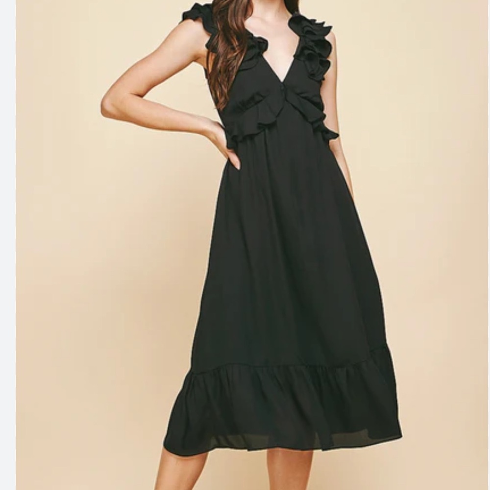 Women’s Black Ruffle V-Neck Midi Dress - Elegant Everyday Style - Picture 11 of 11